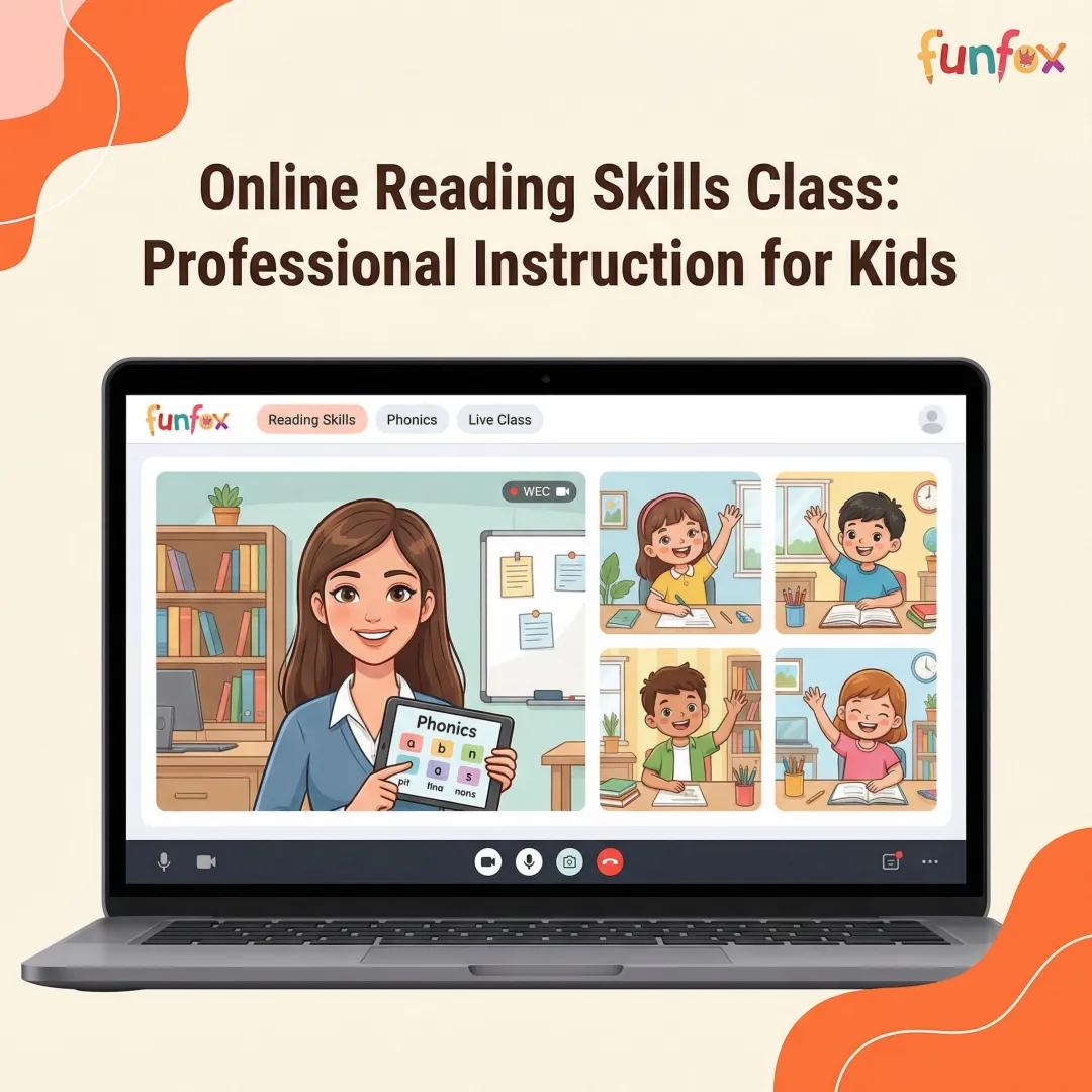 Teacher conducting online reading class with elementary students