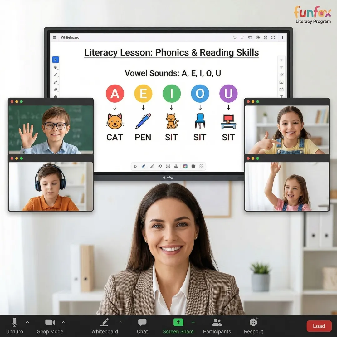 Teacher conducting interactive online reading lesson with small group of students