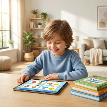 Young student smiling while completing an interactive English literacy worksheet online