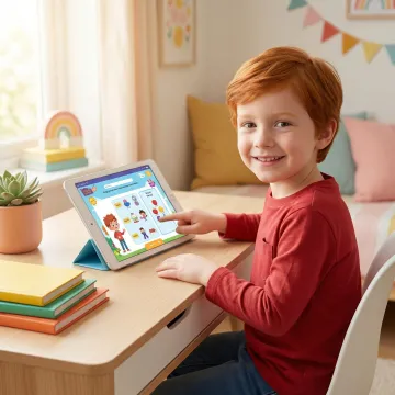Child happily engaging with interactive digital worksheets during an online FunFox tutoring class