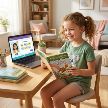 A smiling child confidently reading a book during an online tutoring session at home