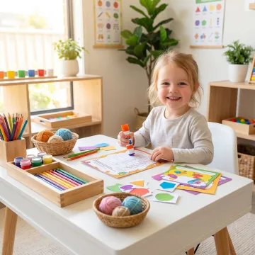 Child happily learning with worksheets and craft materials at an early learning centre