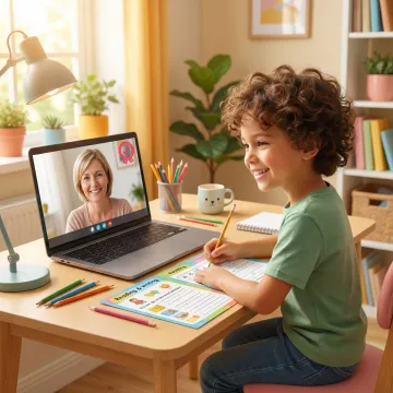 A qualified tutor giving personalised feedback to a primary school child during an online English lesson