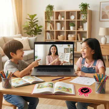 Qualified tutor guiding a small group of primary school children through an online English lesson