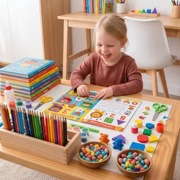 A young child happily completing a colourful interactive learning worksheet