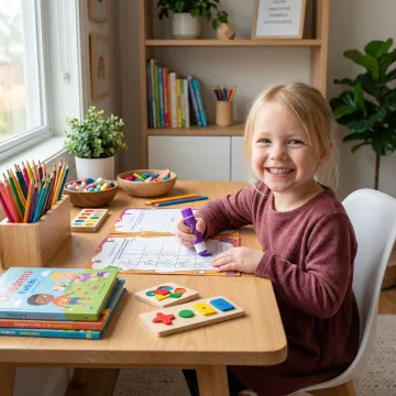 A child happily working through a colorful interactive learning worksheet at home