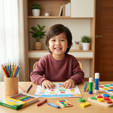 A young child happily completing a colorful educational worksheet at home