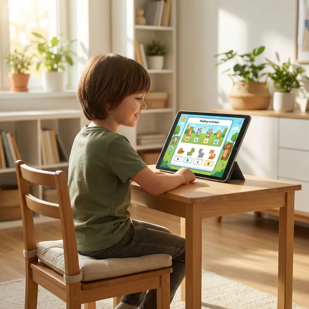Child engaging with an interactive digital reading worksheet on a tablet during an online tutoring session