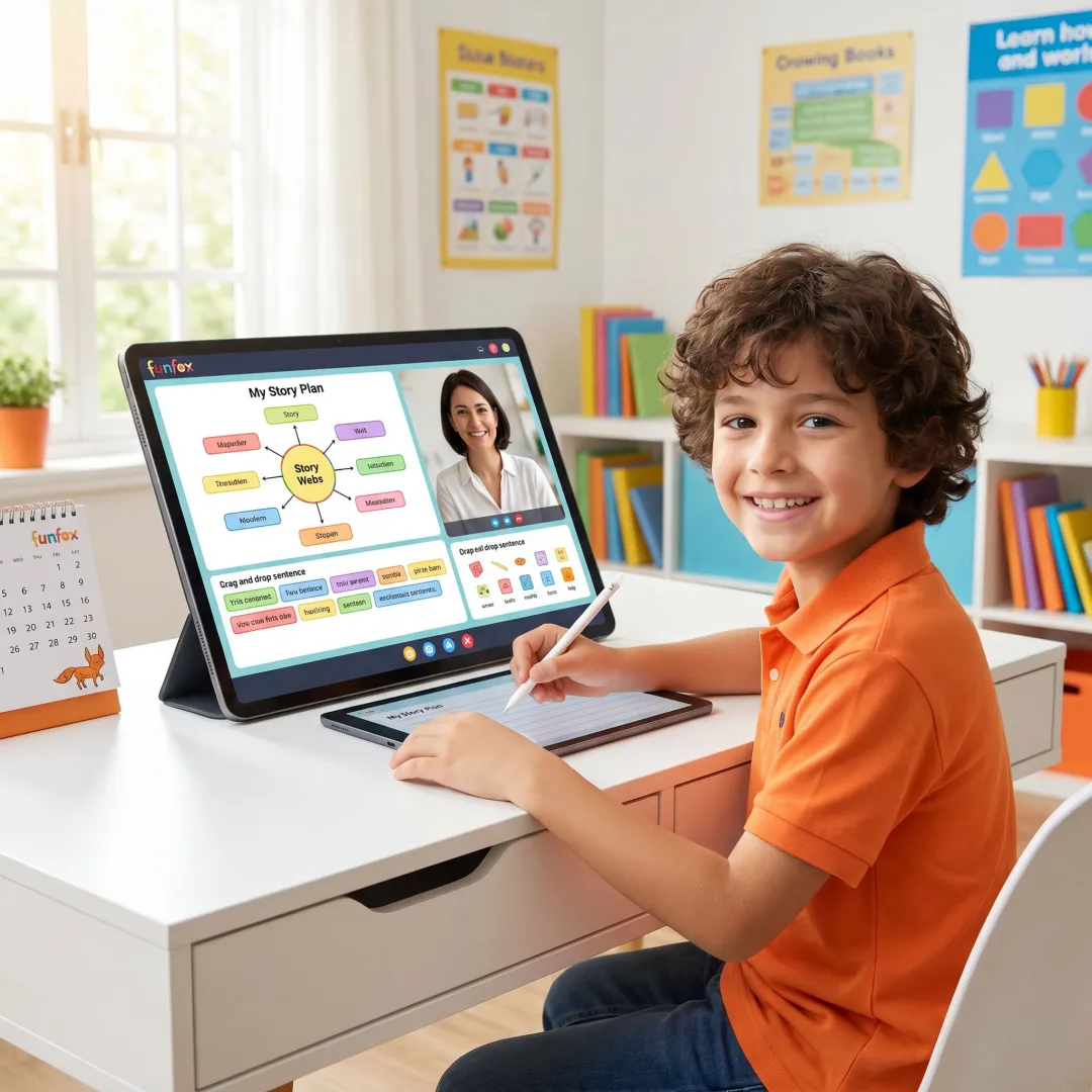 Teacher guiding a child through online writing practice