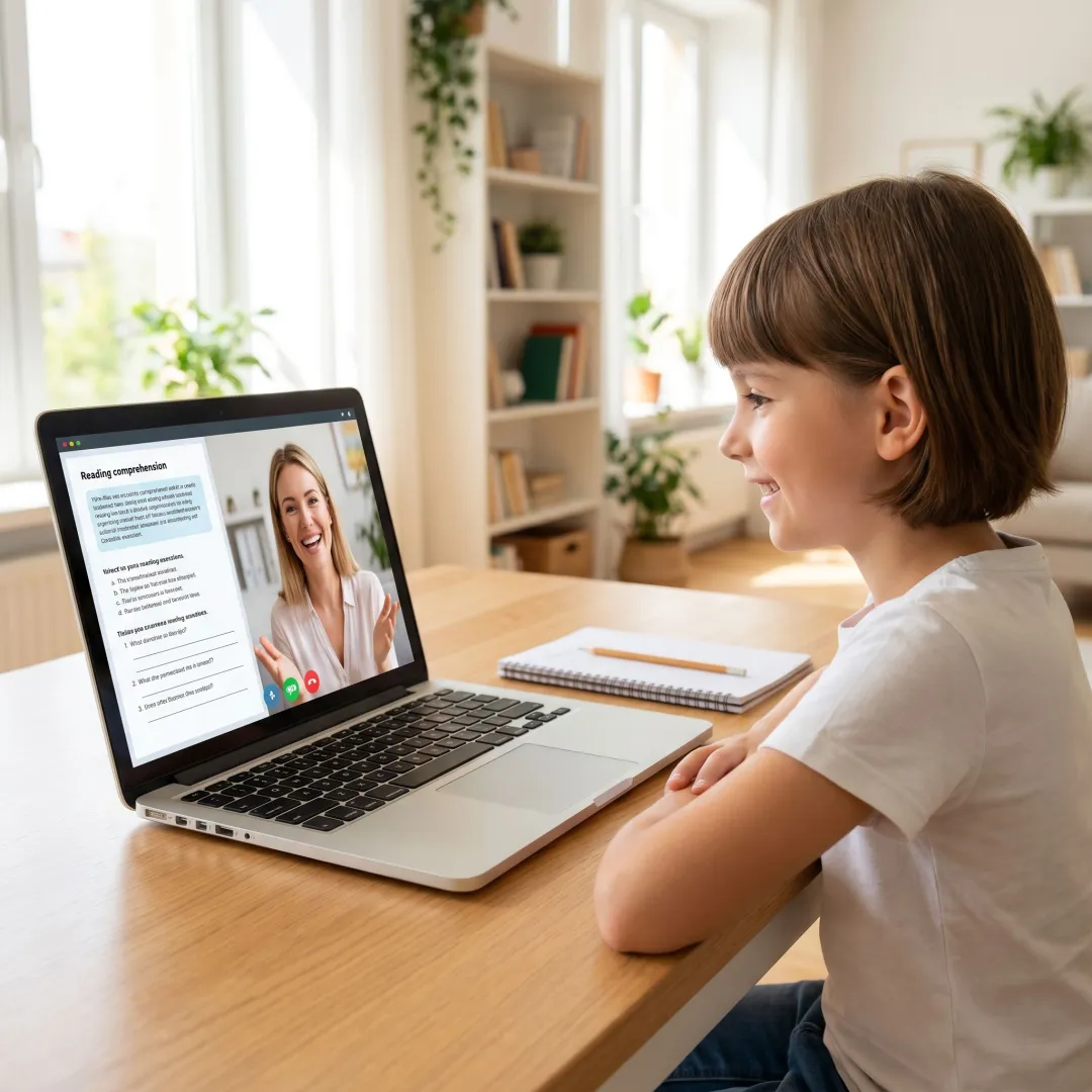 Online tutor helping a Year 4 student with reading and writing