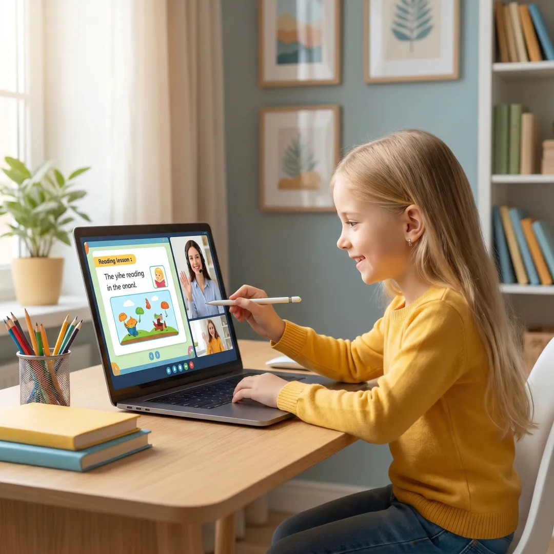 Tutor guiding a child through reading and writing