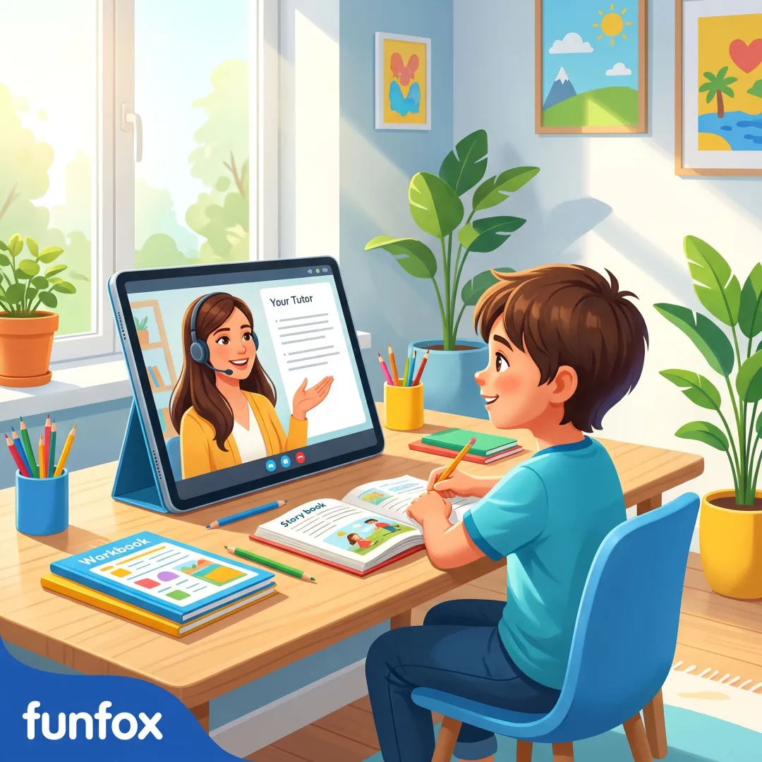 Tutor guiding a child through an online literacy lesson