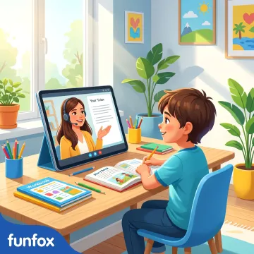 Tutor guiding a child through an online literacy lesson