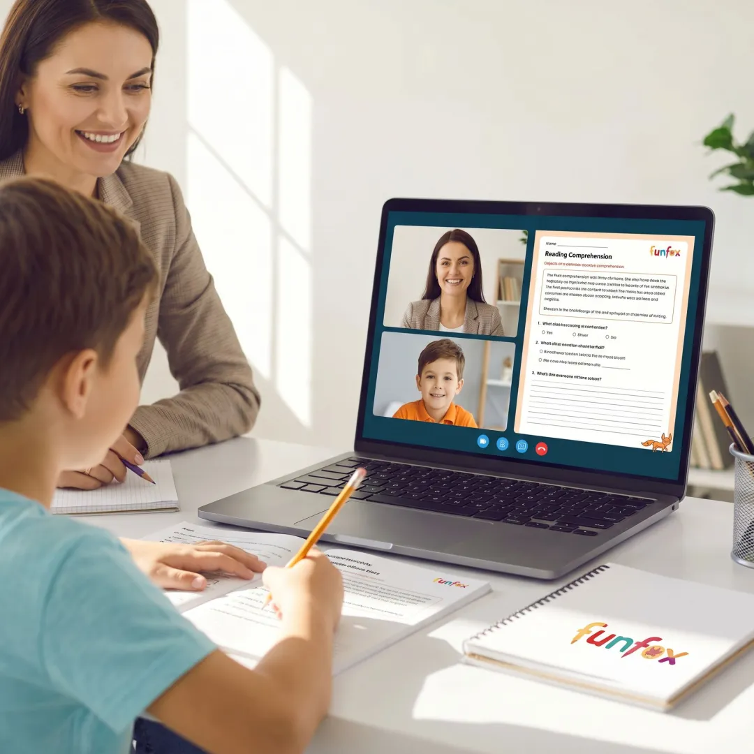 Online English tutor helping a primary student