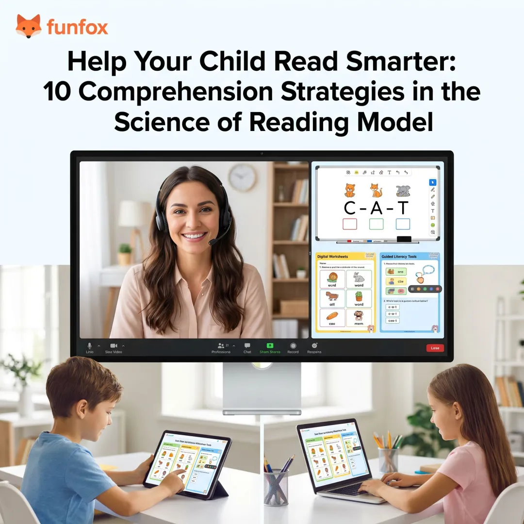 Teacher leading an online phonics reading session for students