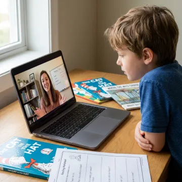Child participating in an online reading tutoring session