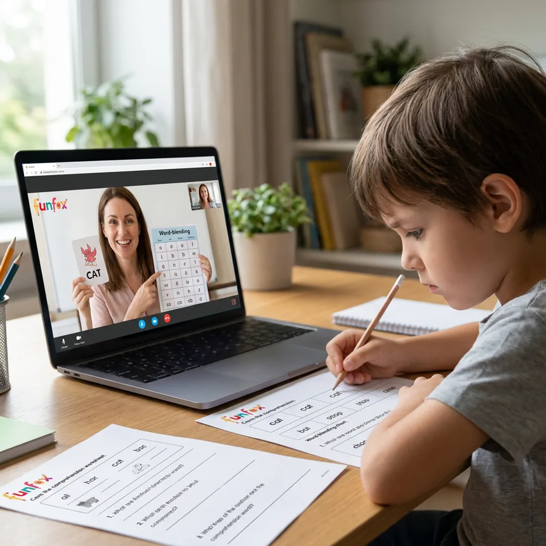 Online teacher guiding a child through phonics practice