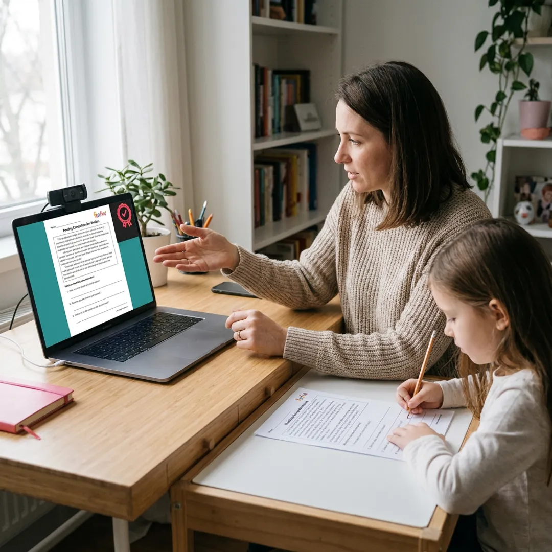 Online tutor guiding a child through reading work
