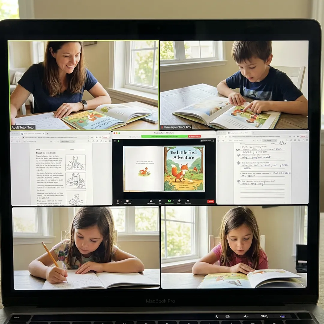 Teacher guiding online reading tutoring class