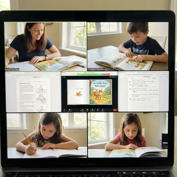 Teacher guiding online reading tutoring class