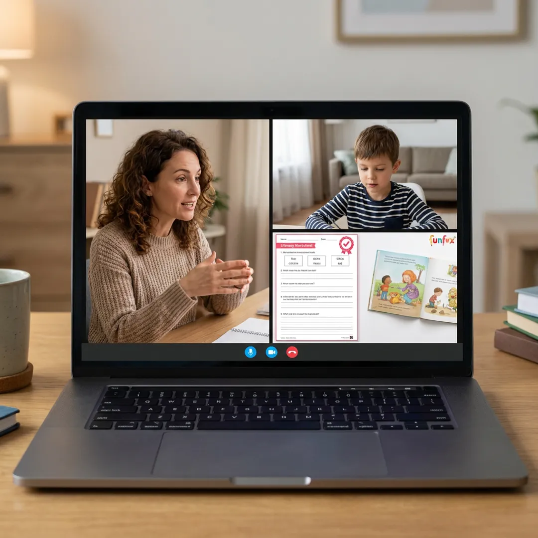 Teacher guiding students through online literacy lesson
