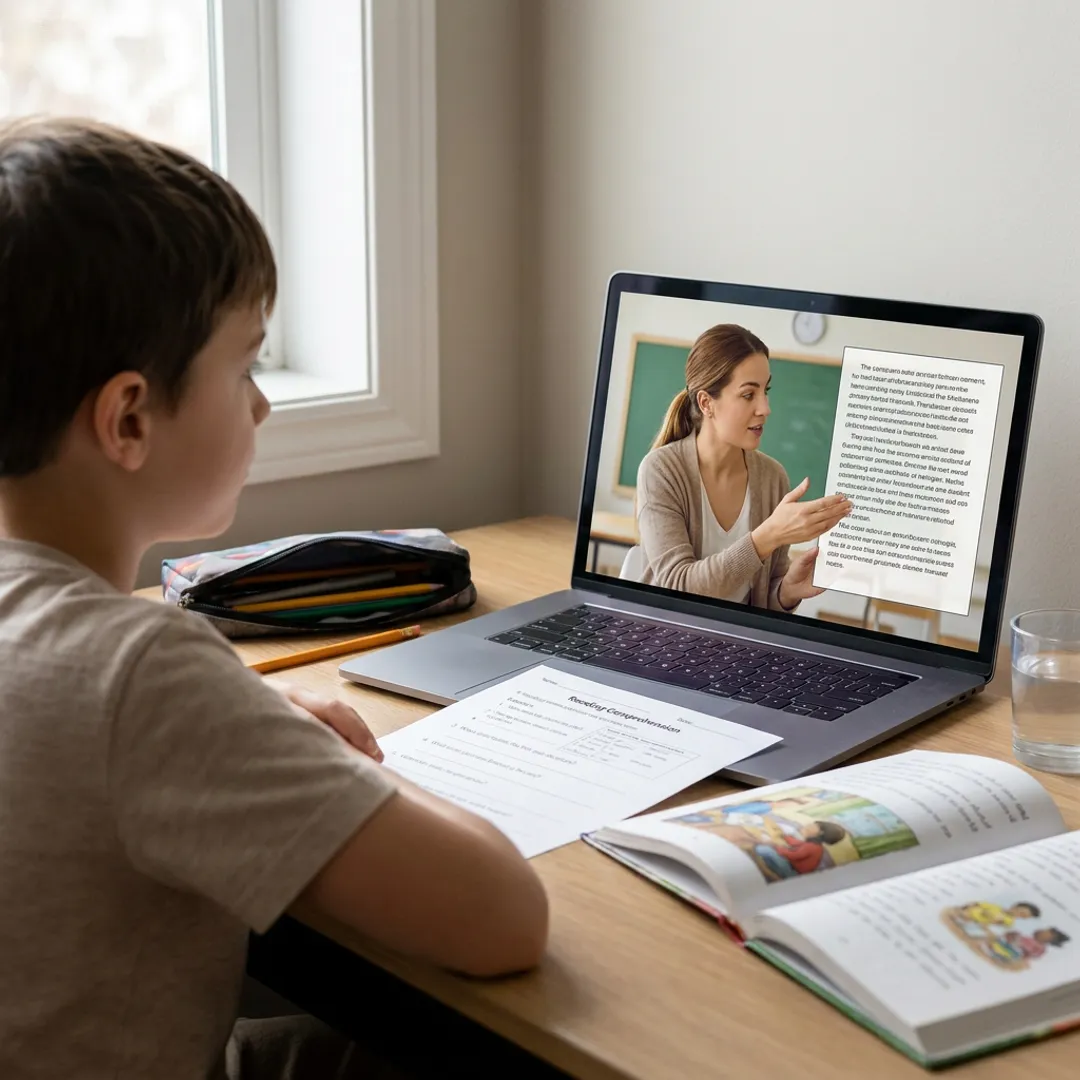 Online tutor guiding a child through reading practice