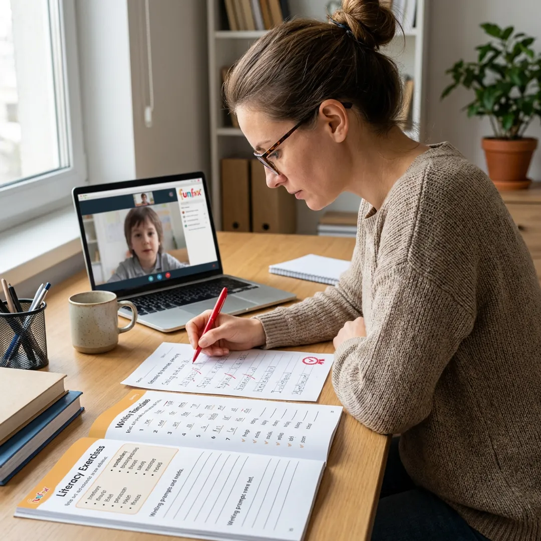 Teacher reviewing student spelling worksheet online