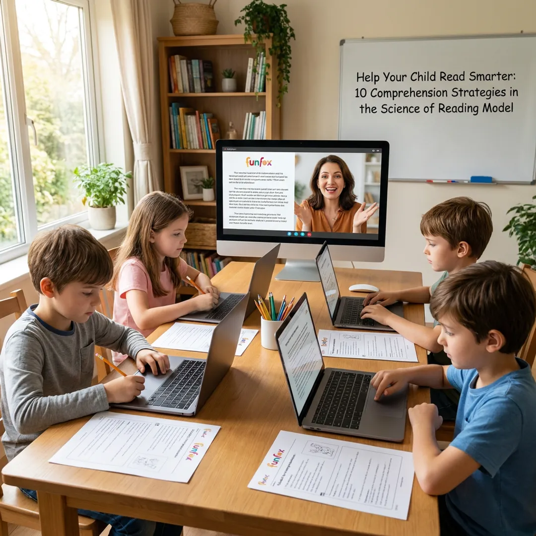 Teacher guiding children in an online reading class