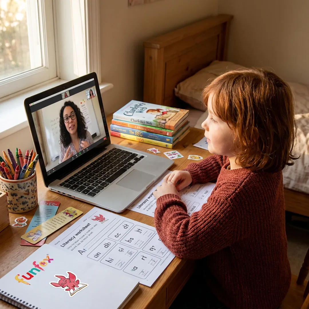 Online literacy tutoring session for children