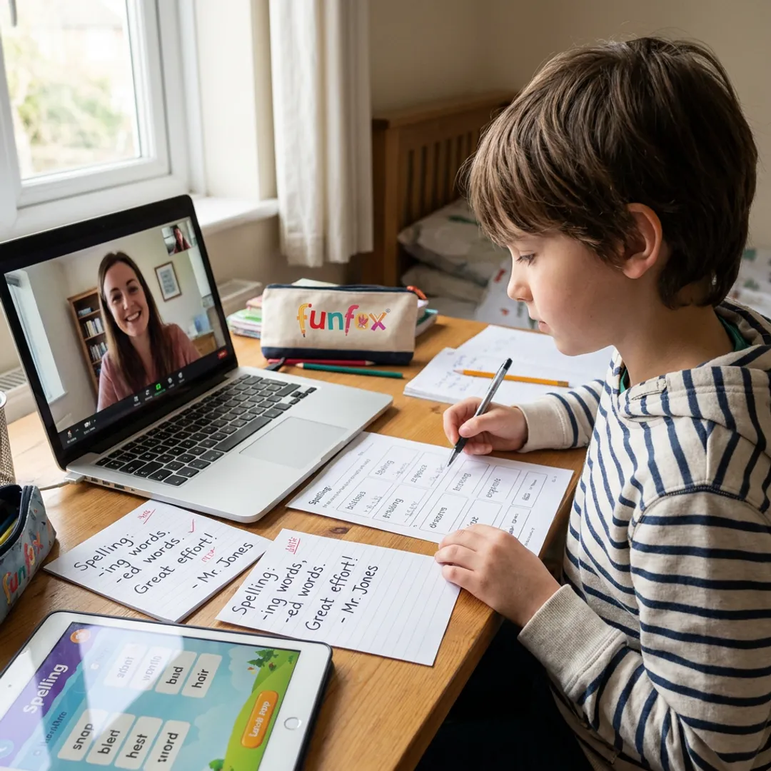 Child completing online spelling tutoring worksheet