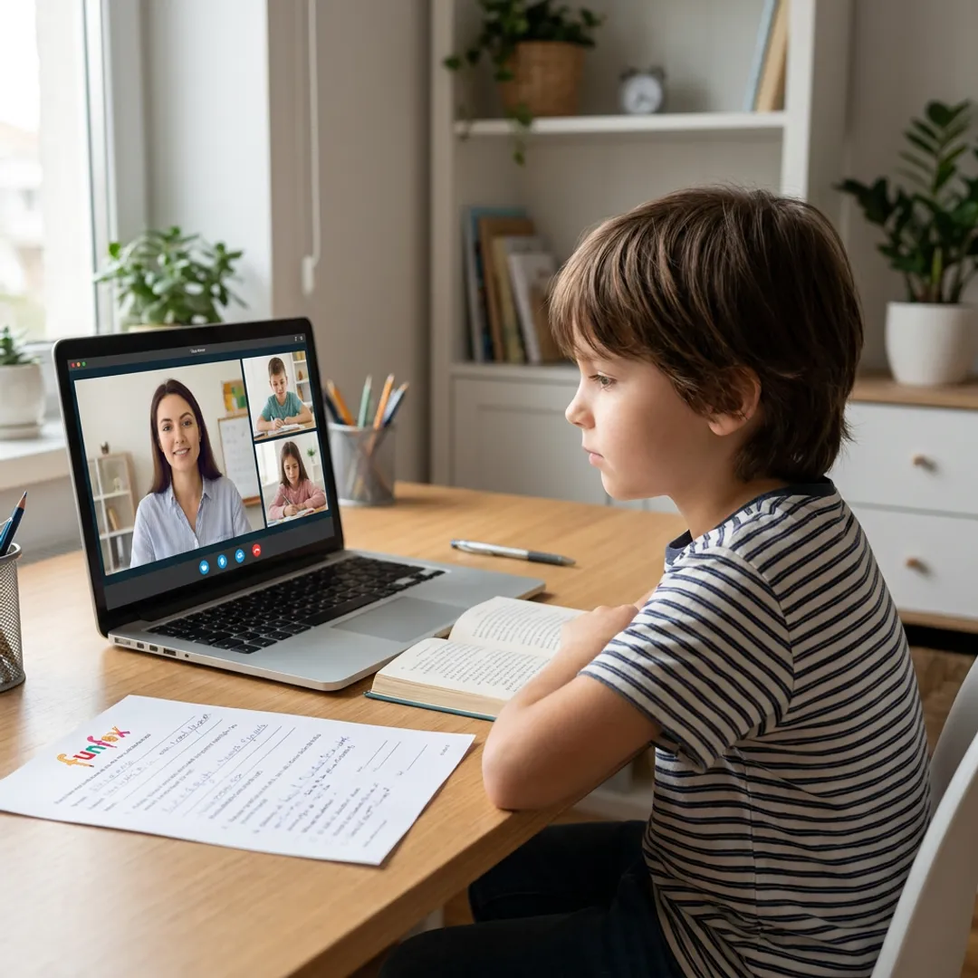 Child attending live online English class
