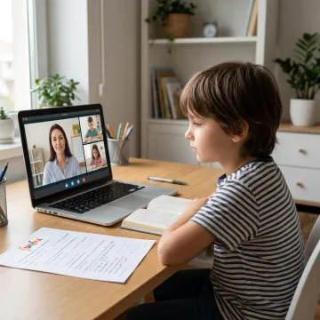 Child attending live online English class