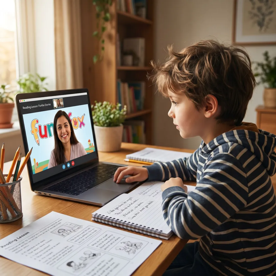 Child attending online tutoring from home