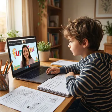 Child attending online tutoring from home