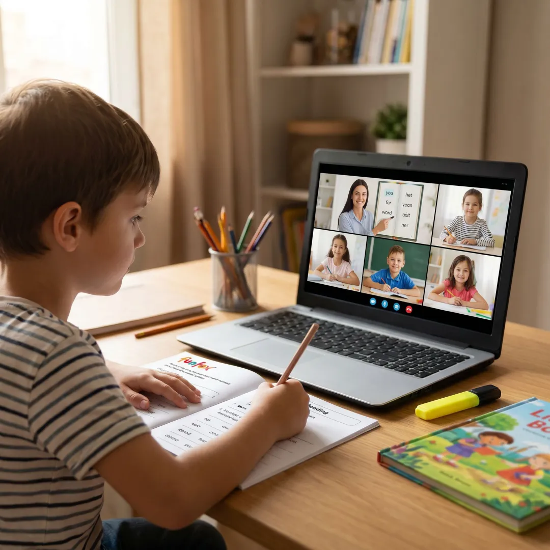 Child joining an online literacy lesson