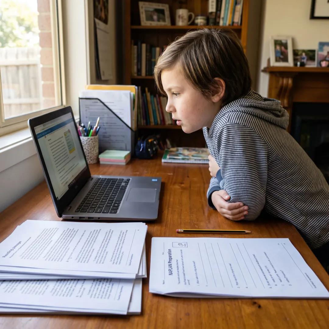 Student learning online with literacy worksheets