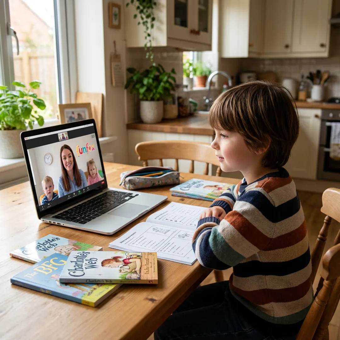 Child attending online English tutoring at home
