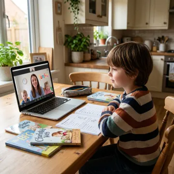 Child attending online English tutoring at home