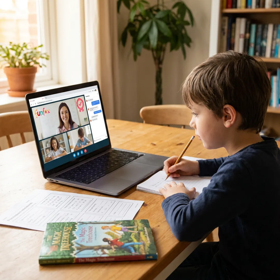 Student attending online English tutoring at home