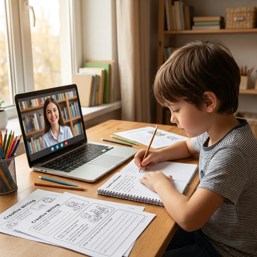 Child joining an online writing class