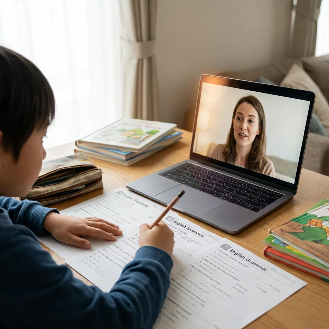Online English tutoring lesson with worksheets