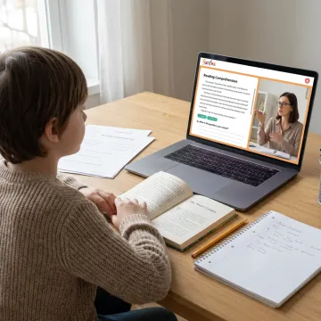 Online tutor guiding a child through reading comprehension