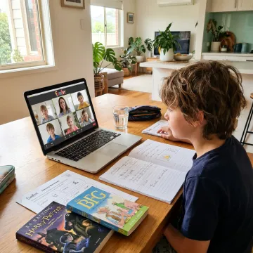 Child attending online tutoring class at home