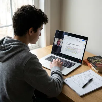 High school student learning English online