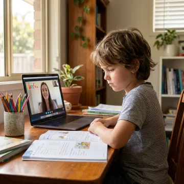 Child receiving online literacy tutoring at home