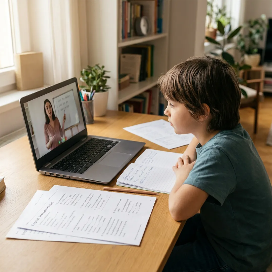 Child attending an online English class at home