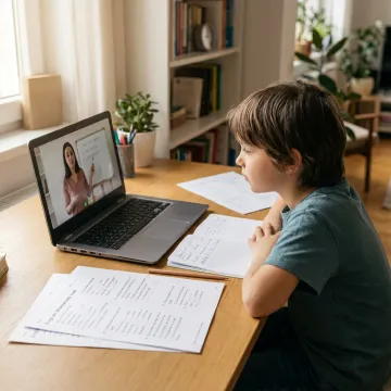 Child attending an online English class at home