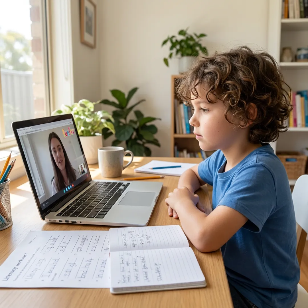 Student attending online tutoring lesson at home