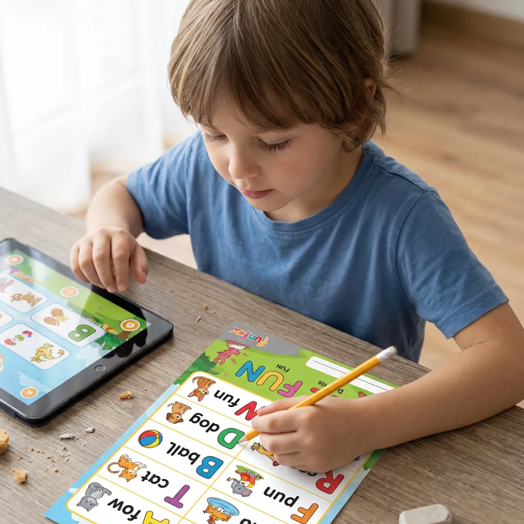 Child completing reading worksheet online