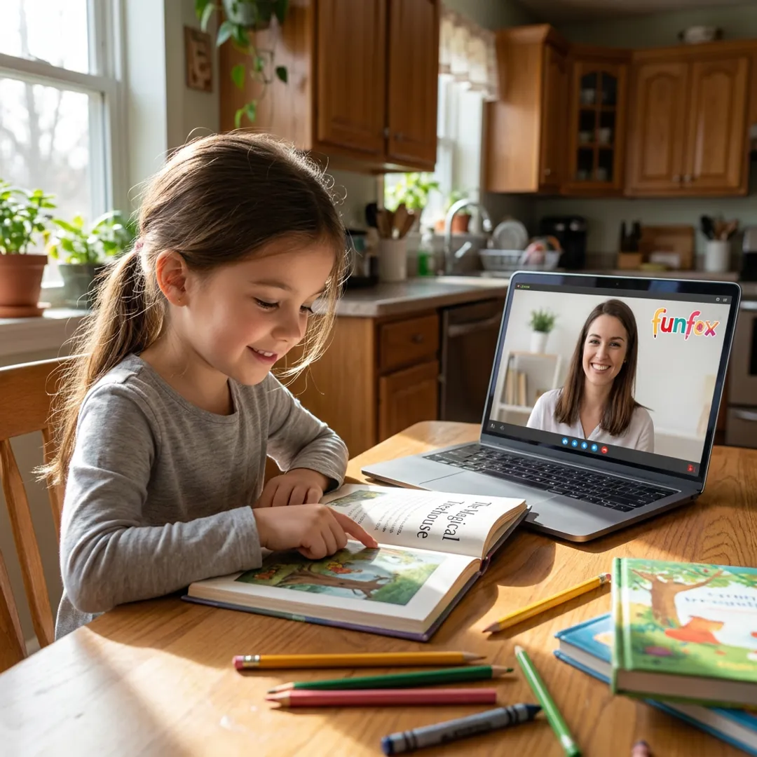 Child enjoying an online reading lesson
